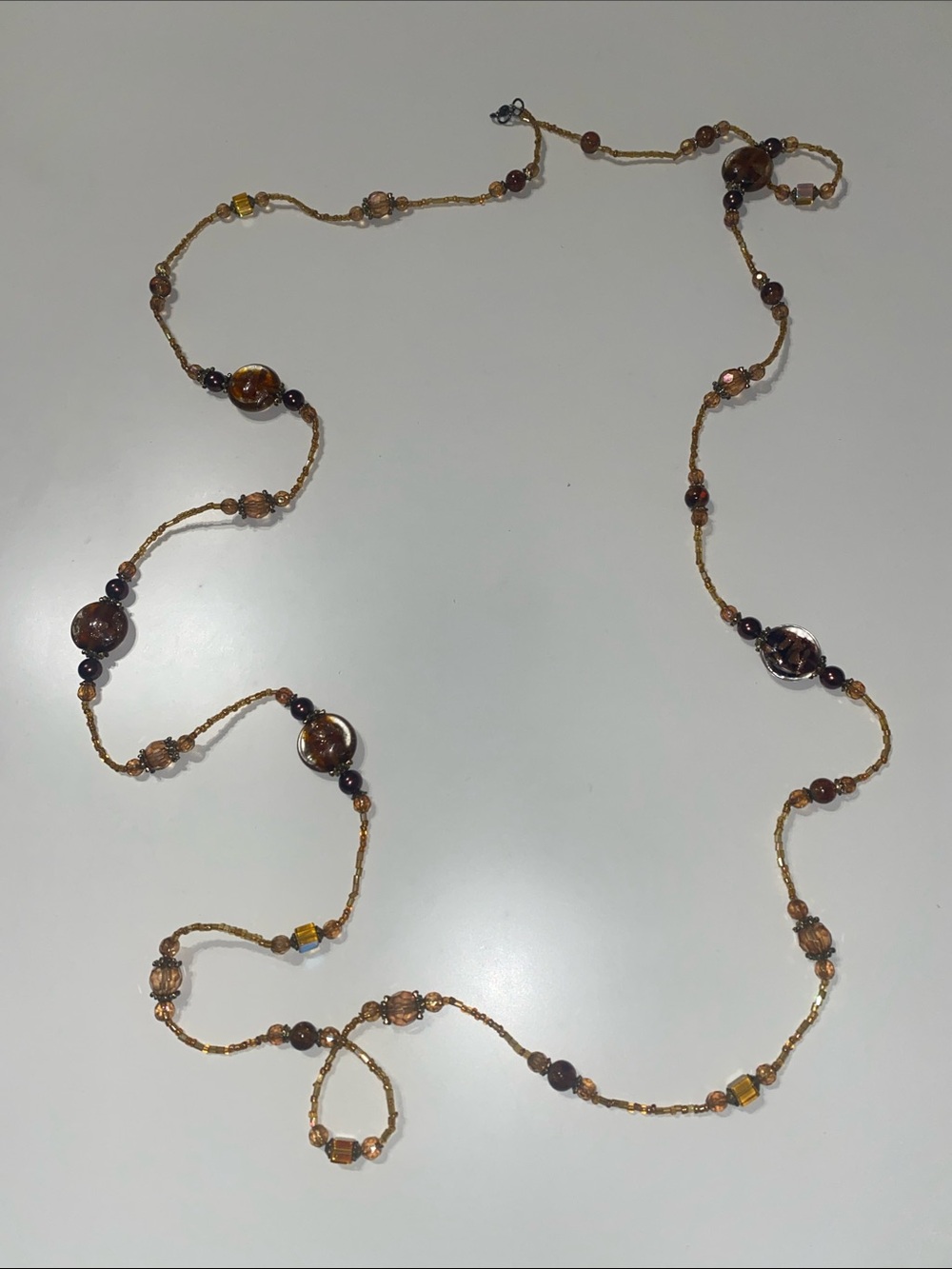 Vintage Brown Amber Glass Beaded Long Boho Necklace